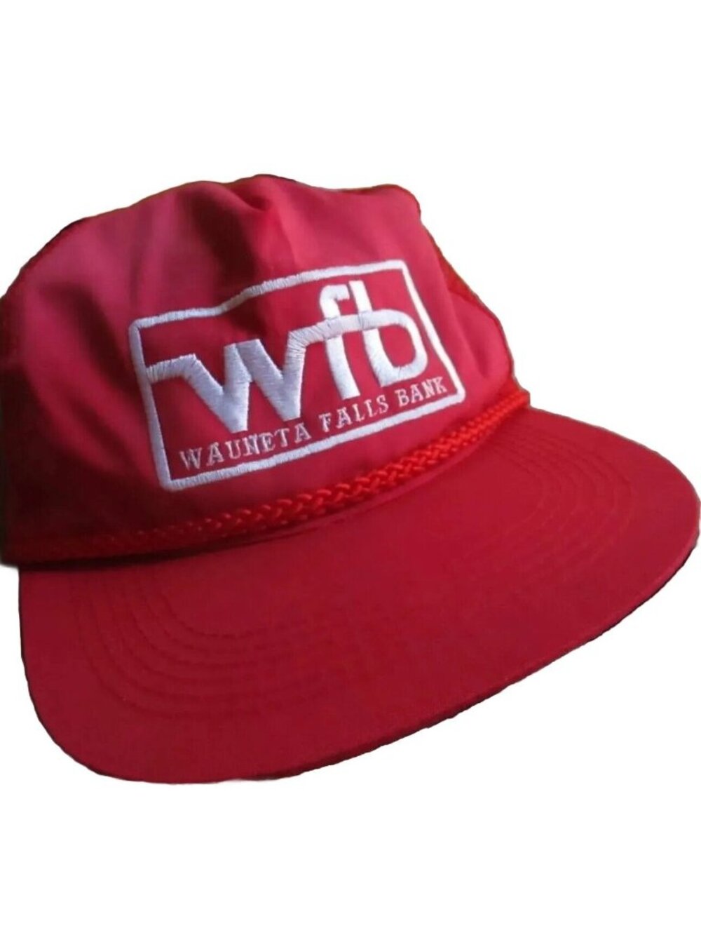 Vintage Wauneta Falls Bank Red Mesh Trucker Hat By Capital Caps
